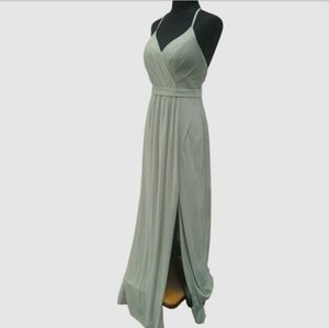 Azazie Dusty Sage Green Maxi Formal Dress V-Neck Straps Side Slit Size A4